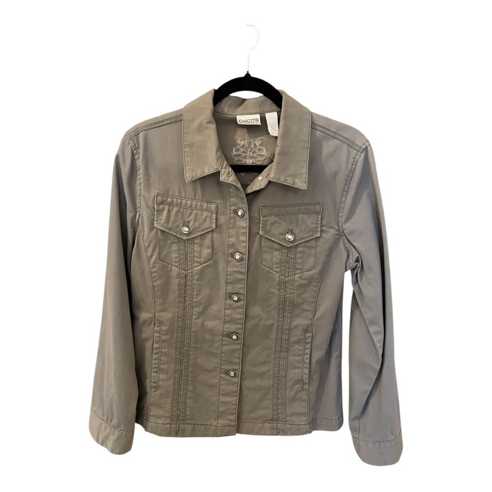 Chico’s Western Style Jacket, Size 1, Olive, Double Pockets, Buttons & Beading.
